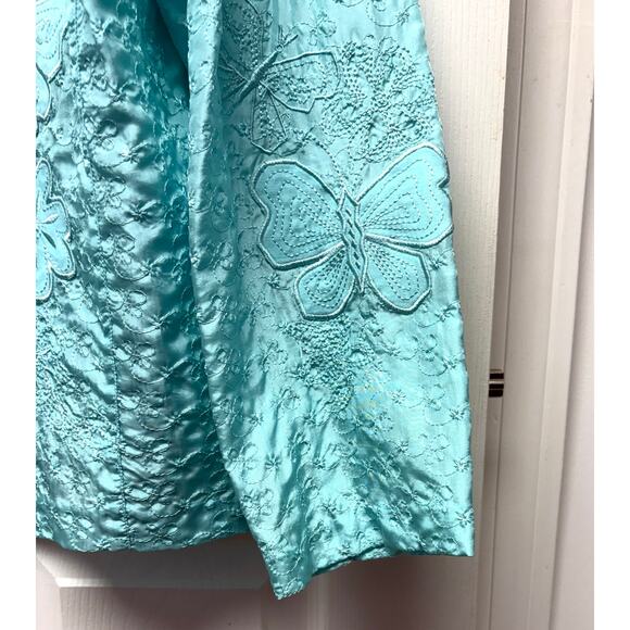 Aqua Blue Silk Blouse Floral Embroidery Long Sleeve Button Up Women's Size L - Picture 4 of 5